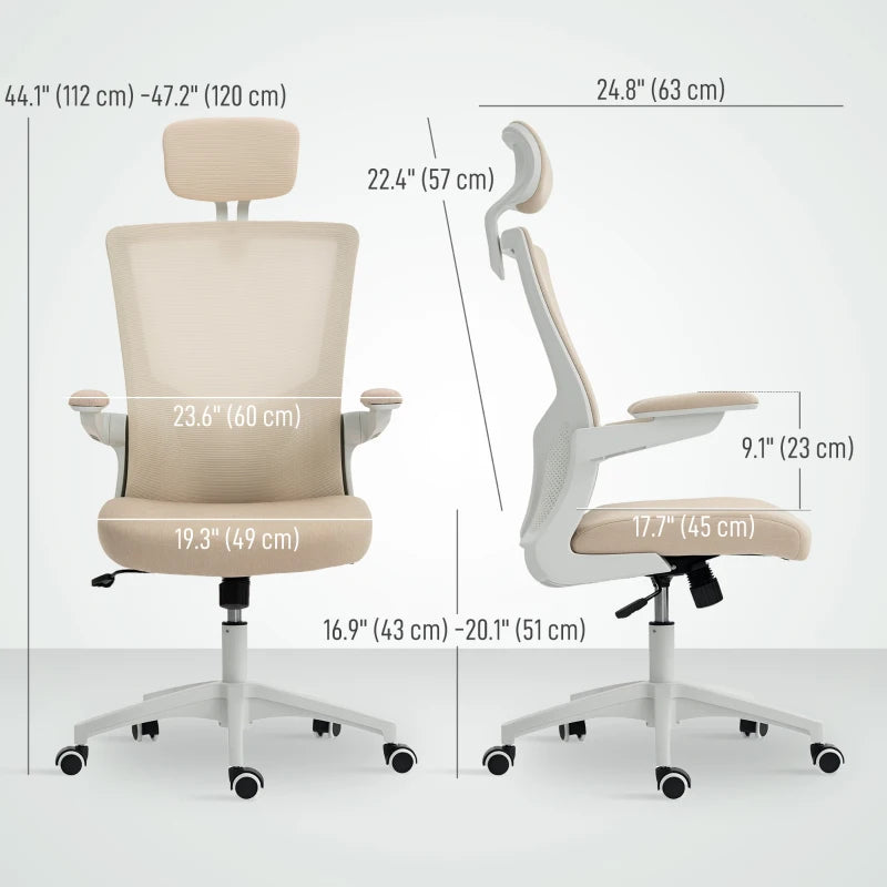 Ergonomic Office Chair, Swivel Desk Chair with Adjustable Lumbar Support, Headrest and Height, Flip-up Armrests, Beige