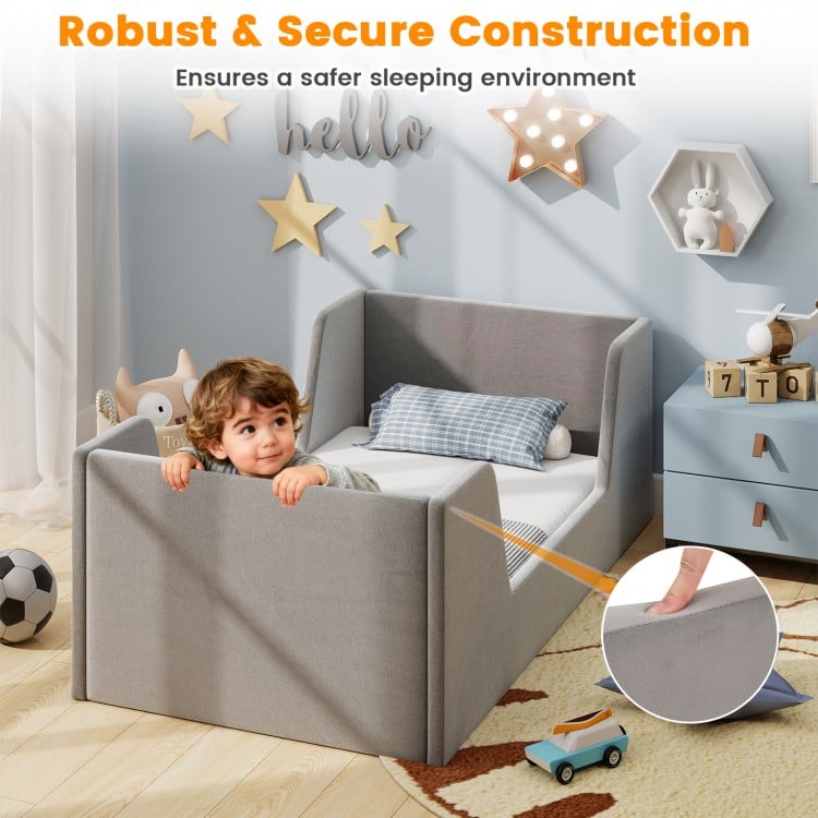 Soft Velvet Fabric Toddler Bed Frame with Safety Rails-Gray