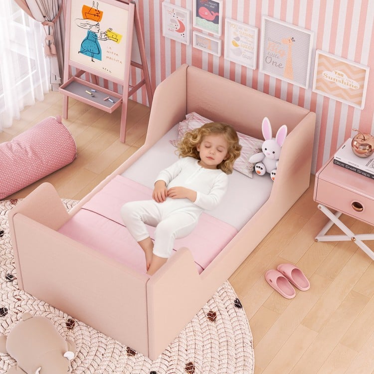 Soft Velvet Fabric Toddler Bed Frame with Safety Rails-Pink