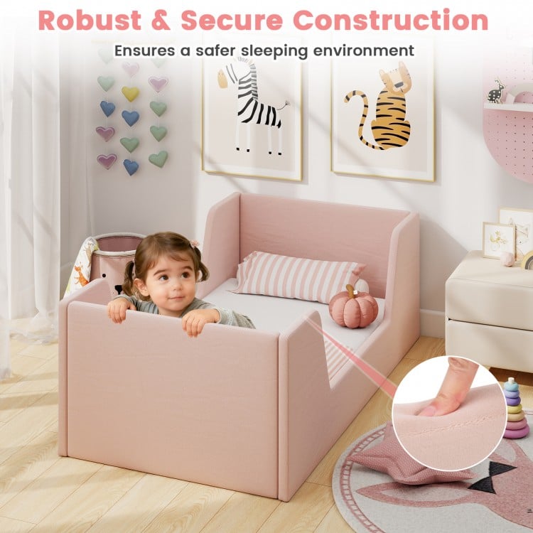Soft Velvet Fabric Toddler Bed Frame with Safety Rails-Pink
