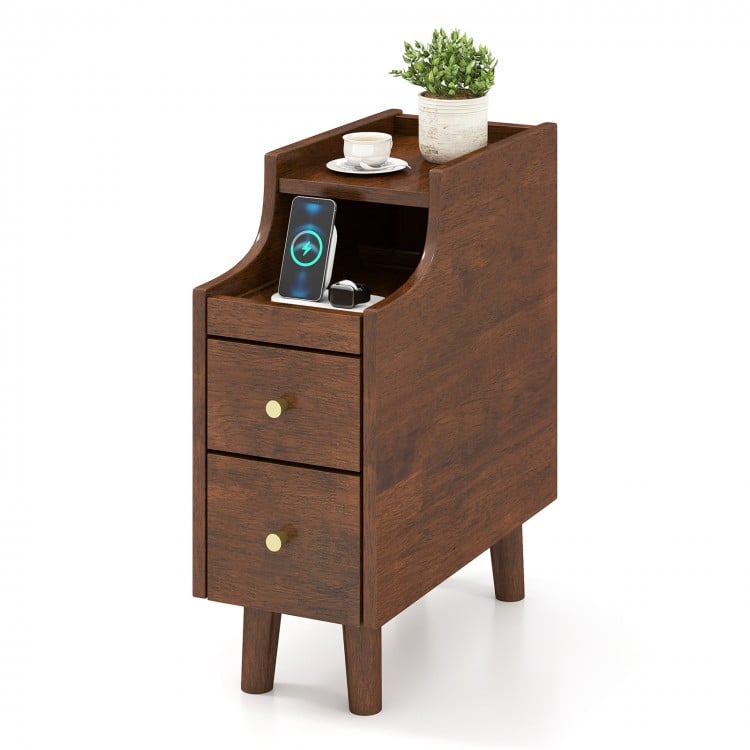 Solid Wood End Table Narrow Bedside Table with Pull-out Tray and 2 Storage Drawers-Brown