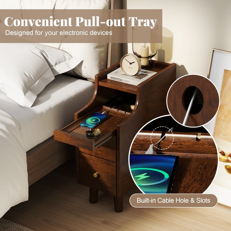 Solid Wood End Table Narrow Bedside Table with Pull-out Tray and 2 Storage Drawers-Brown