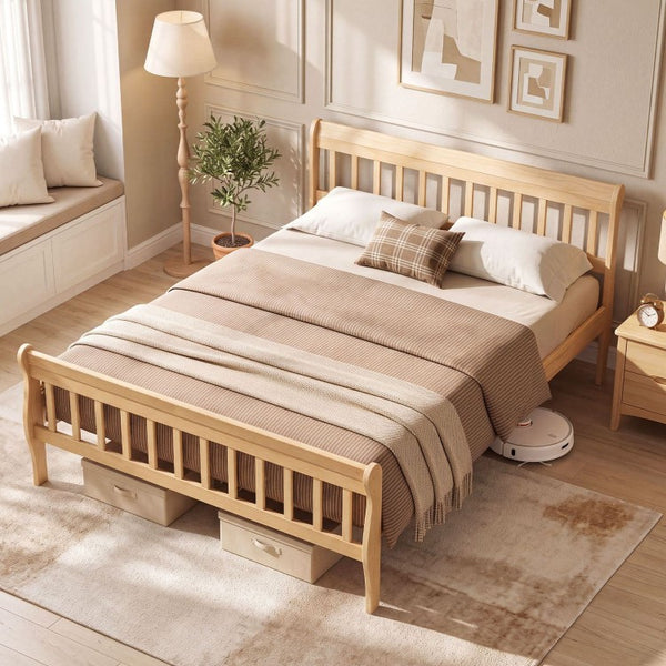 Solid Wood Platform Bed Frame with Slatted Headboard & Under-Bed Storage – Twin & Full, Natural/White