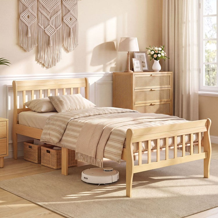Solid Wood Platform Bed Frame with Slatted Headboard & Under-Bed Storage – Twin & Full, Natural/White
