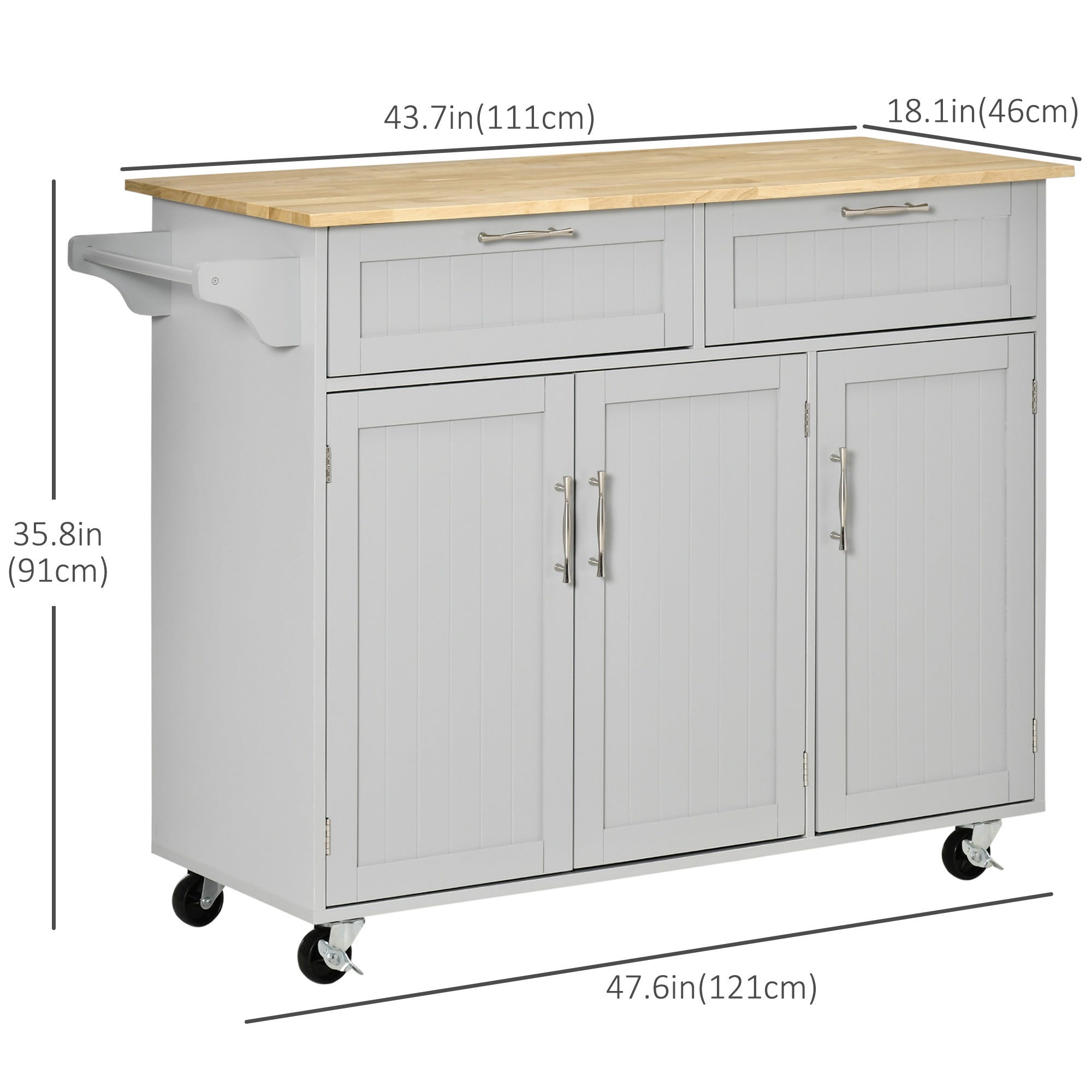 HOMCOM Multifunctional Kitchen Serving Station: Rolling Island Cart with 2 Drawers, Cabinets & Grey Finish 