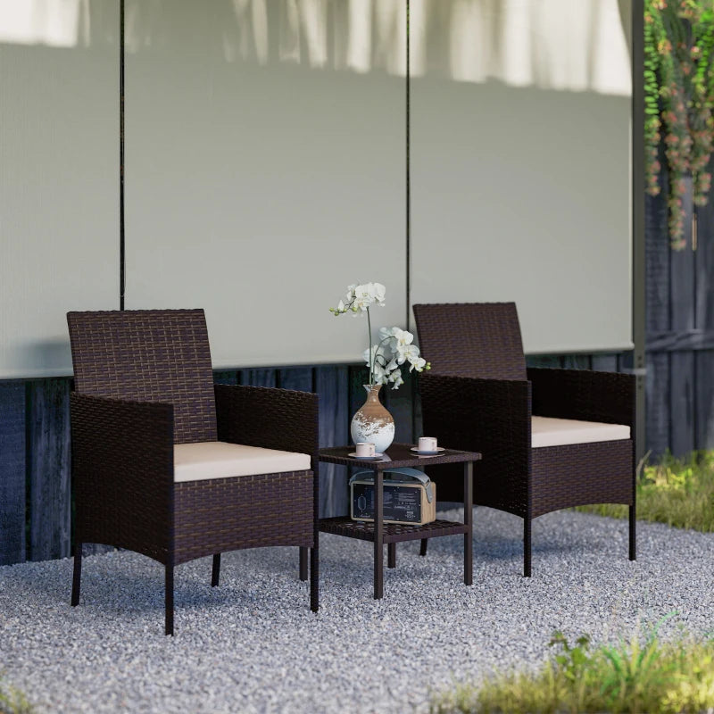 Wicker Bistro Set, 3 Piece Patio Furniture Set with 2-Tier Glass Top Table, Cushions for Balcony, Porch, Beige