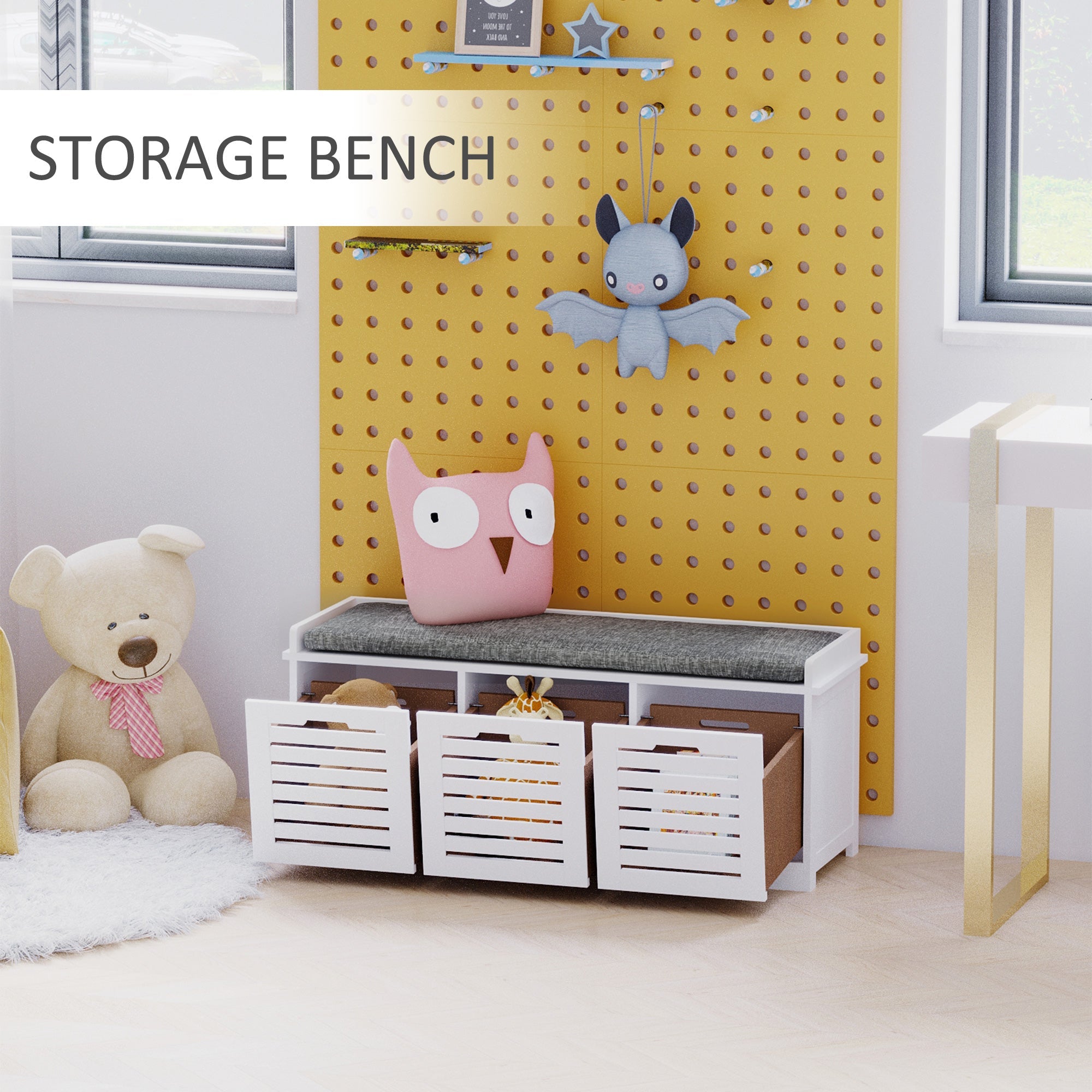 HOMCOM Upholstered Shoe Haven: Storage Bench with Padded Cushion, 3 Drawers, Ample Space for Living Room 