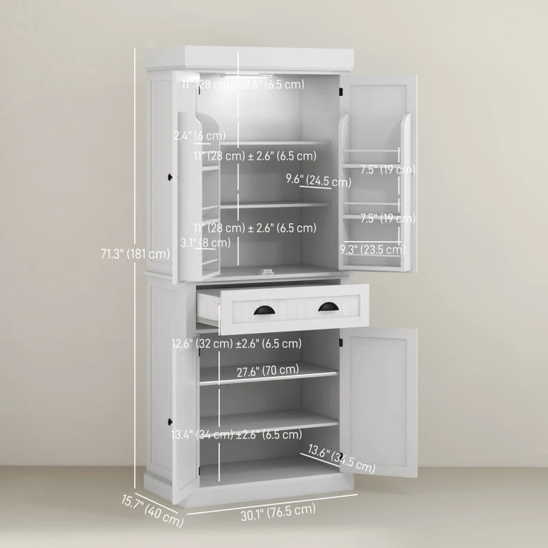71" Kitchen Pantry Cabinet with LED Lights, 6 Spice Racks, a Drawer and 4 Adjustable Shelves, White