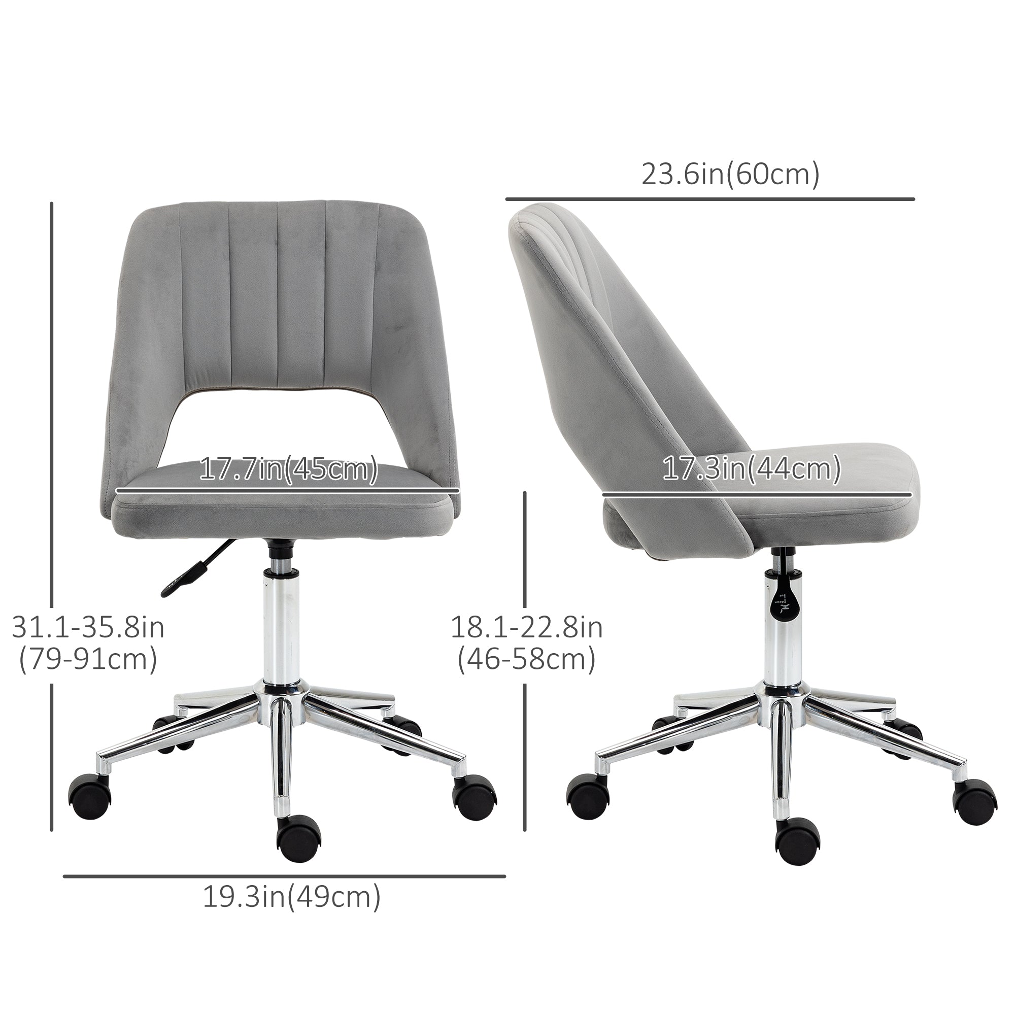 Vinsetto Ergonomic Swivel Chair: Plush Velvet Upholstery, Scalloped Backrest & 360° Mobility for Comfortable Computing, Grey 