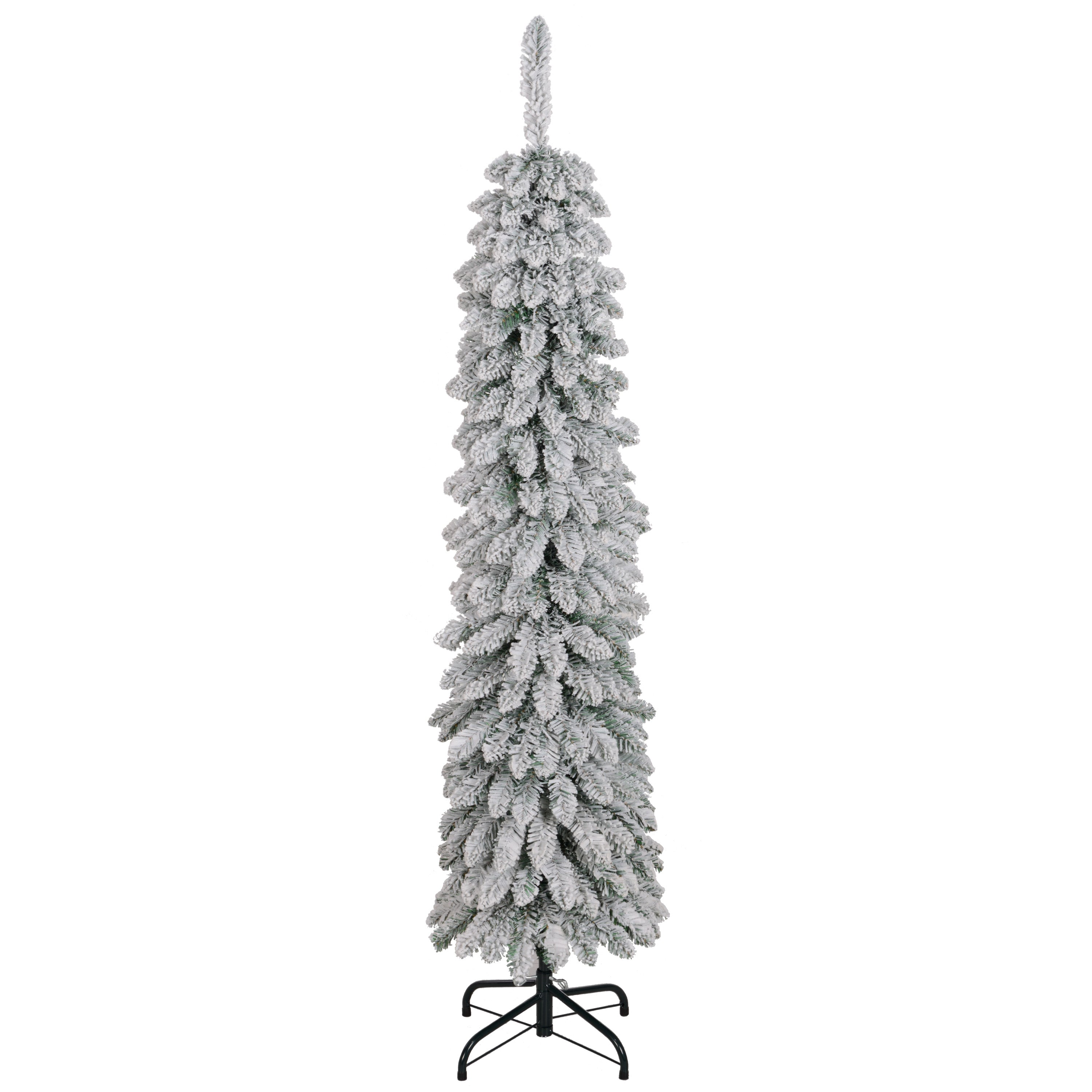 HOMCOM 5ft Snow-Flocked Artificial Christmas Tree, Slim Pencil Xmas Tree with 301 Realistic Branches, Metal Base, Green 