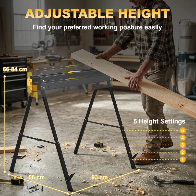 HOMCOM Folding Mitre Saw Stands, Adjustable Sawhorses Set of 2, 1100 lb Capacity Work Support with 2x4 Brackets, Carry Handles & Non-Slip Feet, Black