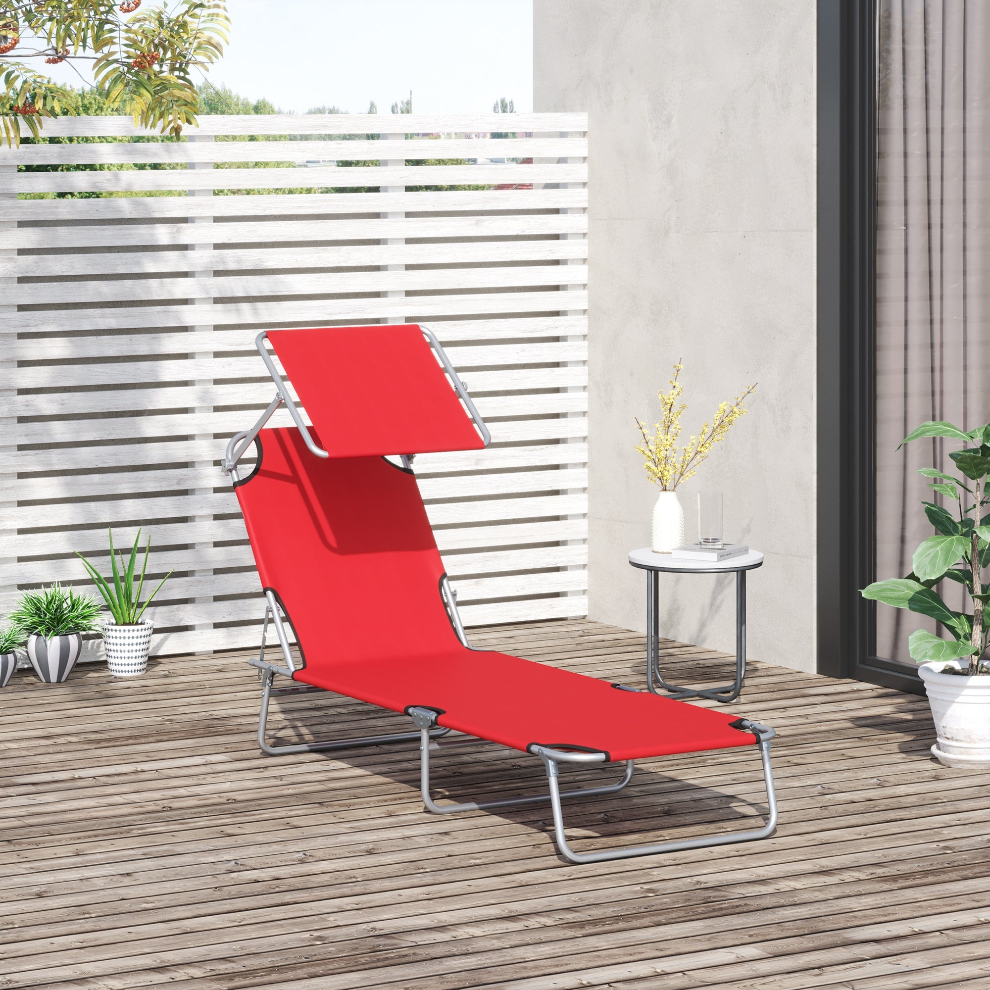 Outsunny Adjustable Garden Chaise Lounge Outdoor Camping Beach Lounging Bed Reclining Seat Portable with Sun Shade (Red) 