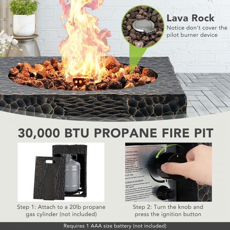 16 Feet Square Outdoor Propane Fire Pit with Lava Rocks Waterproof Cover 30,000 BTU