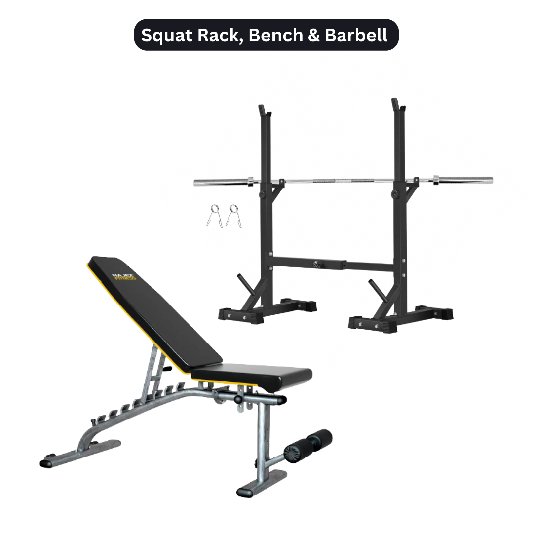 Squat Rack, Bench, Barbell & Weight Plates Stack 