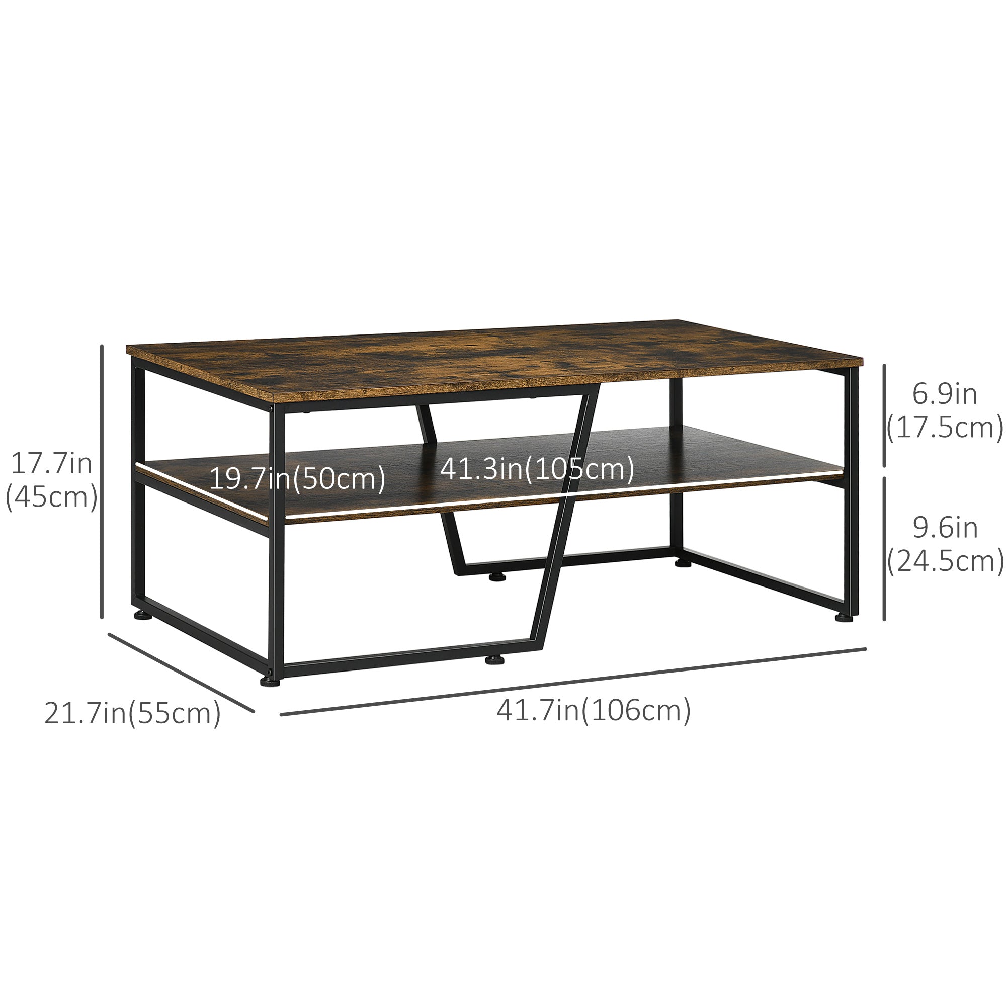 HOMCOM Rustic Brown Coffee Table with Shelf: Center Table with Steel Frame, Adjustable Foot Pads for Living Room 