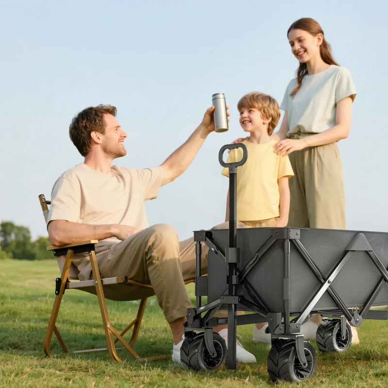 Outdoor Pull Along Trailer Folding Camping Trailer for Beach Garden with Handle, Anti-Slip Wheel - Dark Grey