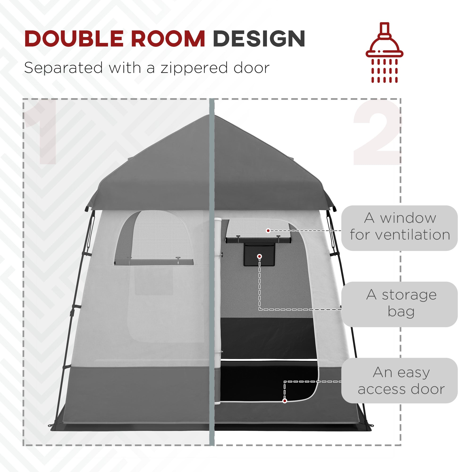 Outsunny Outdoor Portable Pop Up Shower Tent Changing Tent Privacy Enclosure with 2 Rooms, Shower Bag, Floor for Camping, Dark Grey 
