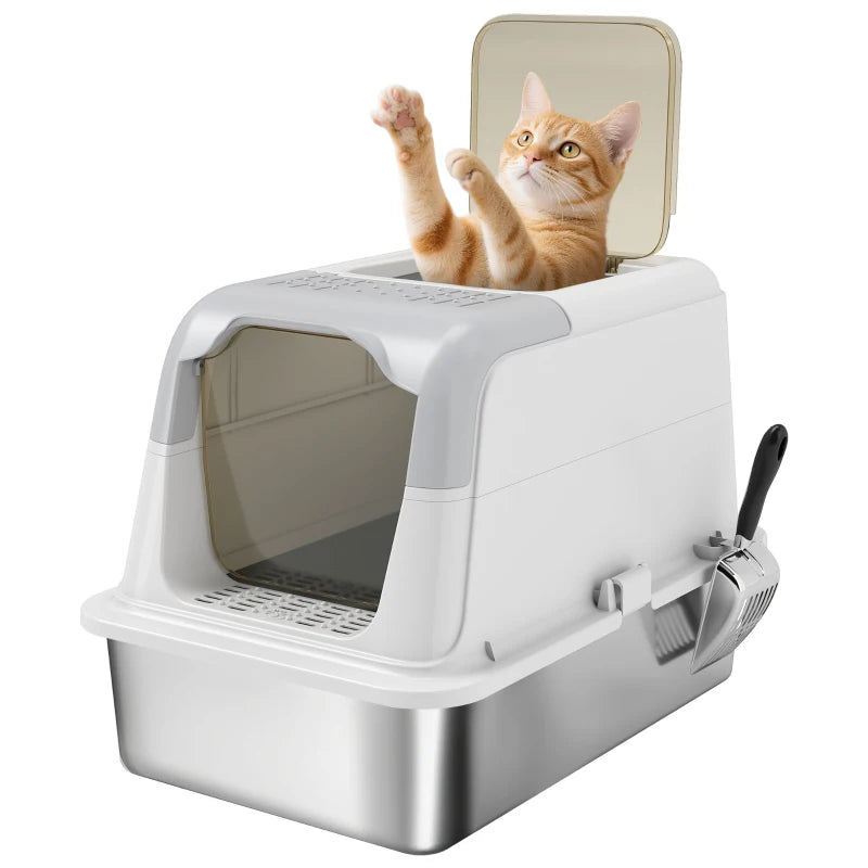 Extra Large Stainless Steel Litter Box, Enclosed Kitty Litter Box for Big Cats with Scoop, Deodorizer Bag