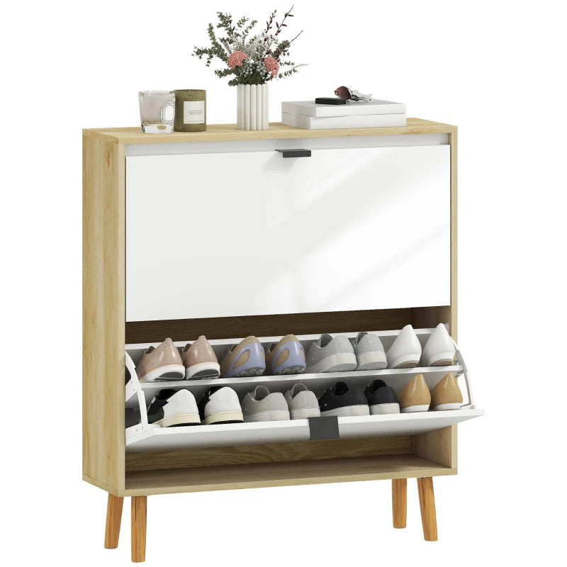 Narrow Shoe Cabinet, High Gloss Shoe Storage Cabinet with 2 Flip Drawers and Adjustable Shelves, Holds 16 Pairs, White