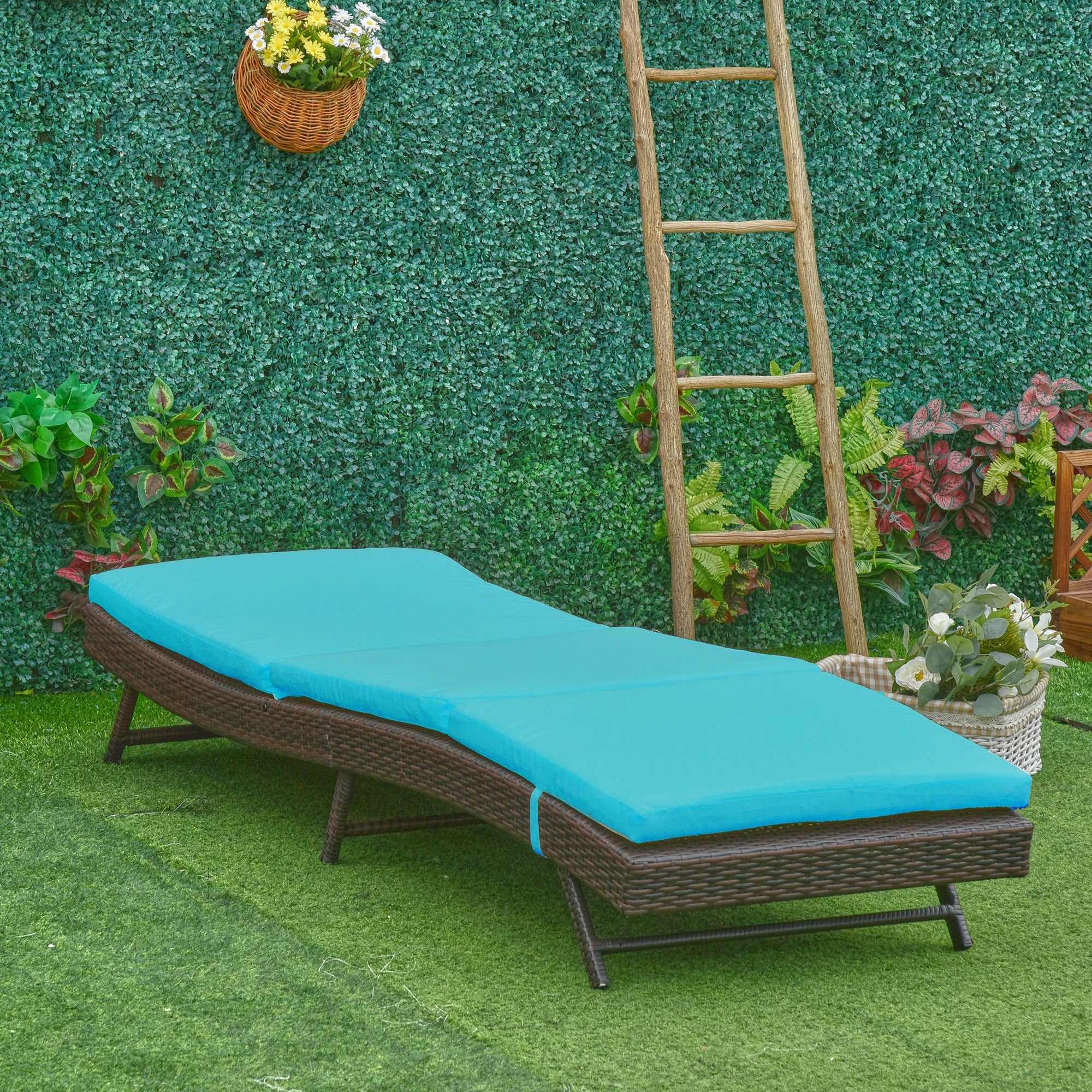 Outsunny Outdoor Wicker Chaise Lounge Chair S Shape Recliner 5-Level Backrest Turquoise Cushion 