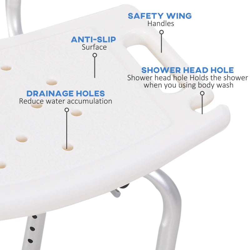 Bath Chair with Back, Adjustable Height Non-slip Shower Stool Bench Tool-Free Assembly Bathroom Aids, White