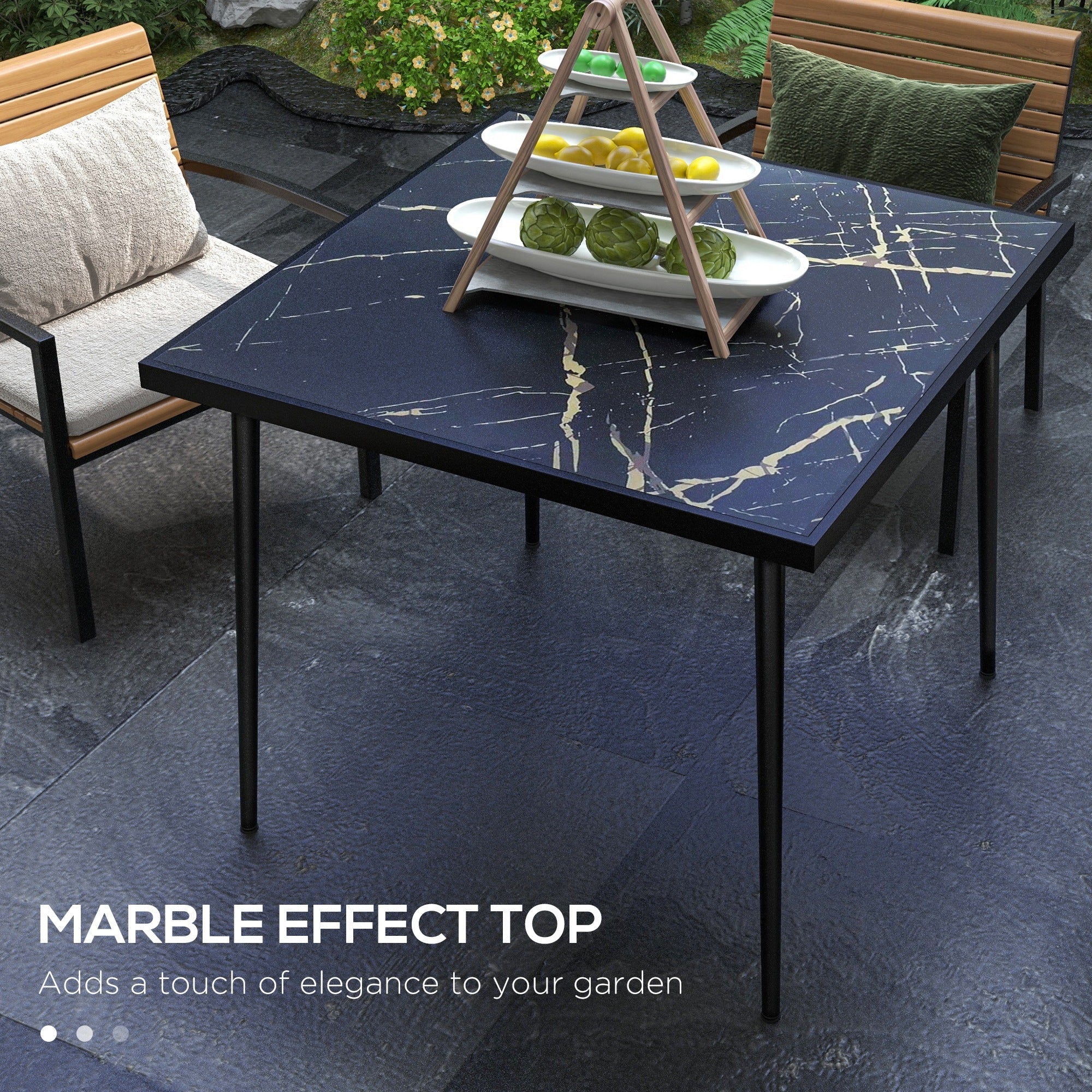 Outsunny Outdoor Dining Table for 4, Square Patio Dining Table with Marble Effect Tempered Glass Top and Steel Frame, Black 