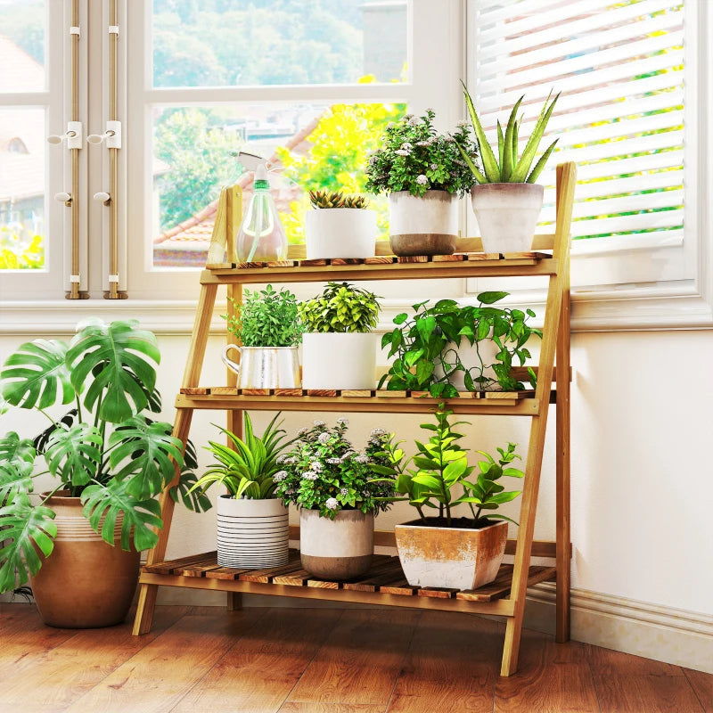 Outdoor Plant Stand, Foldable 3-Tier Wooden Plant Shelf