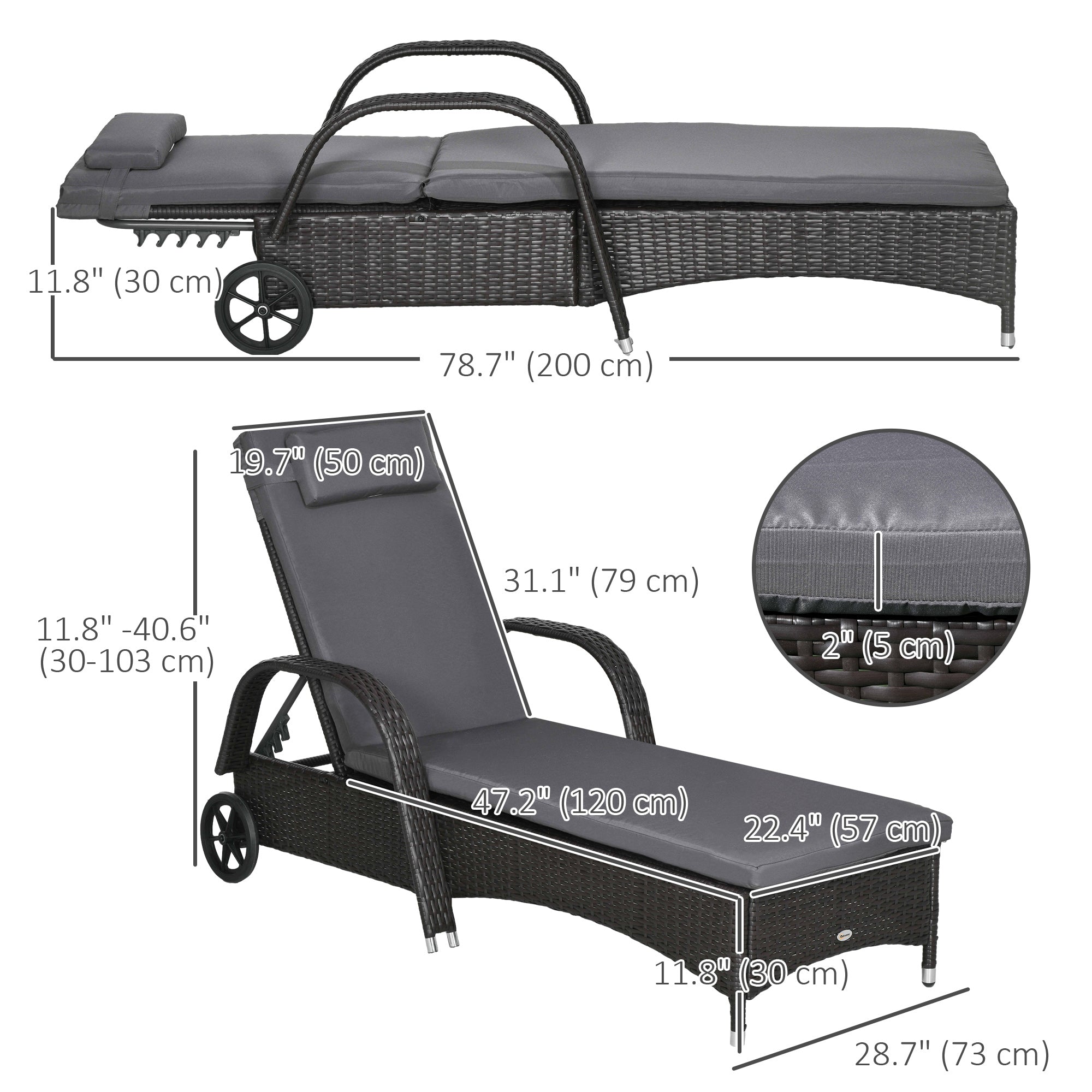 Outsunny Outdoor Lounger Deck Lounge Chair Headrest 5-Level Adjustable Backrest Wheels Deep Coffee Light Grey 