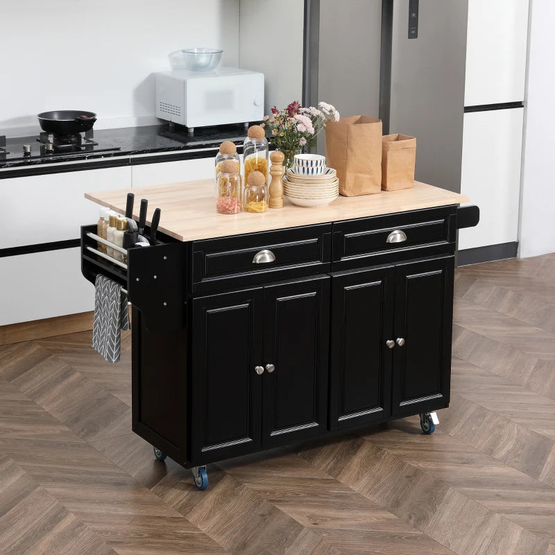 Kitchen Island with Storage, Rolling Kitchen Island with Drop Leaf, Rubber Wood Top and Adjustable Shelves, Black