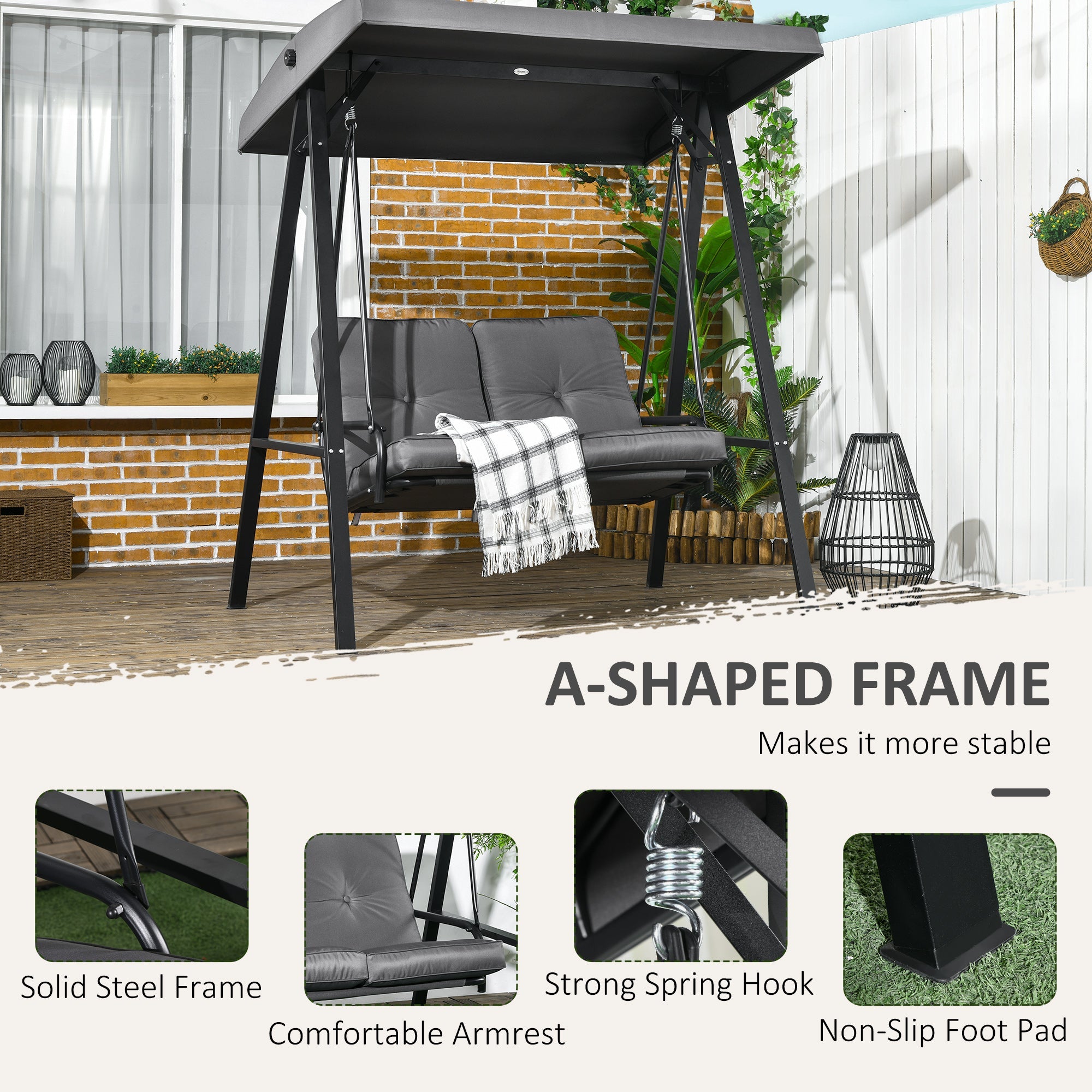 Outsunny 2-Seater Outdoor Porch Swing with Adjustable Canopy, Patio Swing Chair for Garden, Poolside, Backyard, Dark Grey 