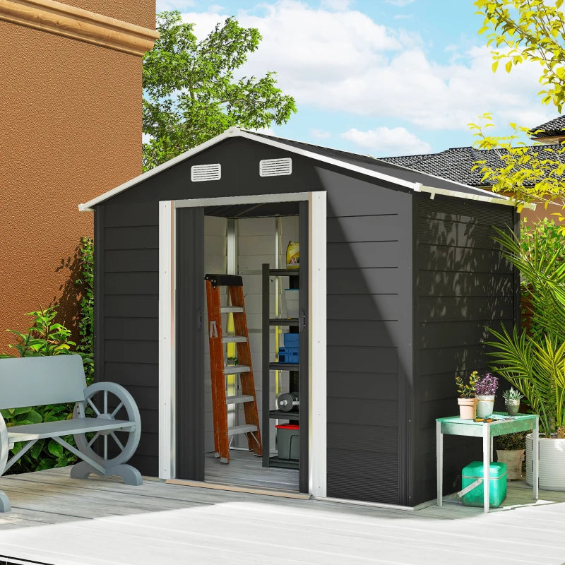 7.7' x 6.5' Outdoor Metal Garden Shed House Hut Gardening Tool Storage with Ventilation, Dark Grey