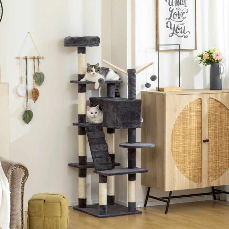 59 Inch Large Cat Tree with Sisal Scratching Posts, Cozy Condo, Top Perch, Ladder and Interactive Balls, Dark Grey