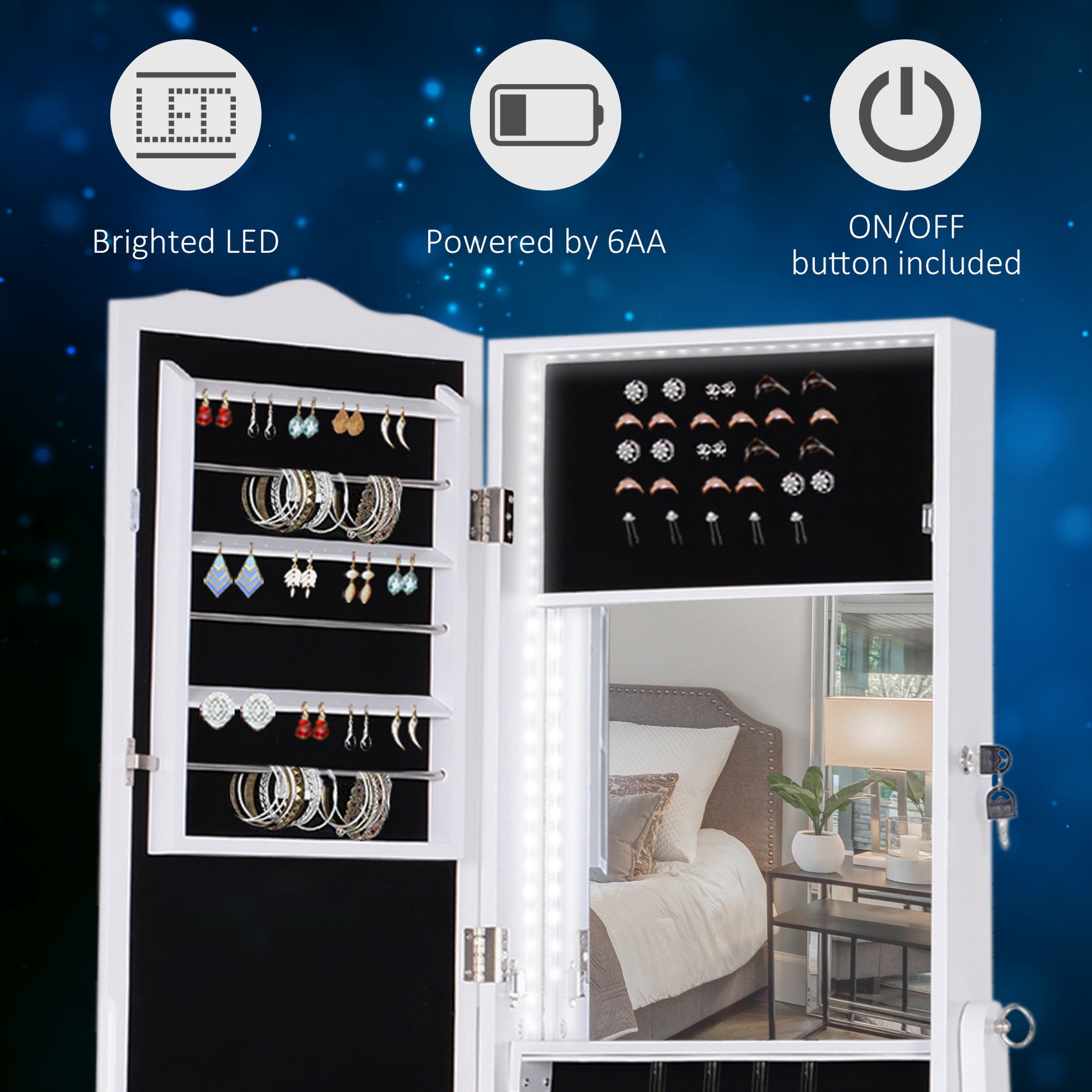 HOMCOM Standing Jewelry Armoire: With LED Lights, Full-Length Mirror, Adjustable Angle, White 