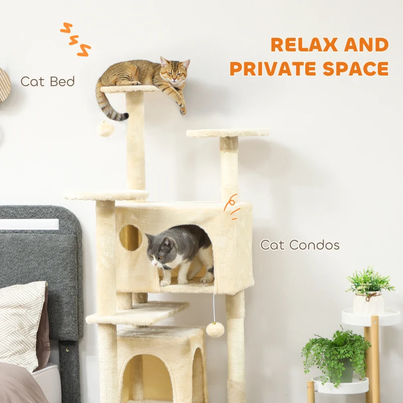 63" Cat Tree, Multi-Level Cat Tower with Scratching Posts, Cat Condos, Bed, Platforms, Ramp, Toy Ball, Cream White