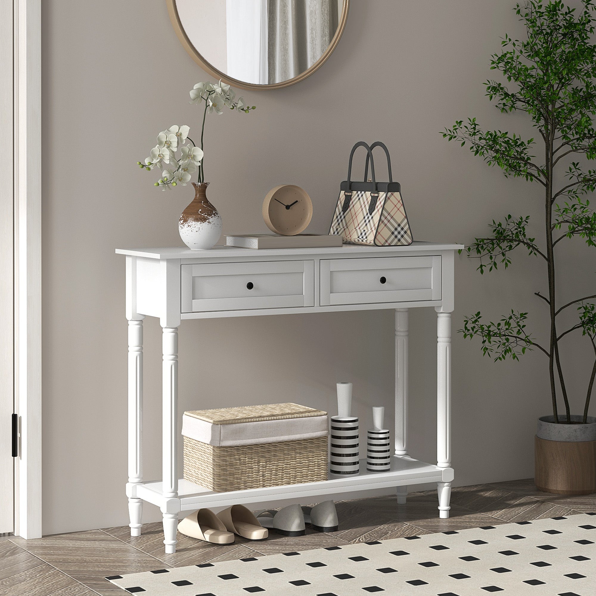 HOMCOM Hallway Console Table Modern Entryway 2 Drawers Storage Shelf Turned Legs Living Room Bedroom White 