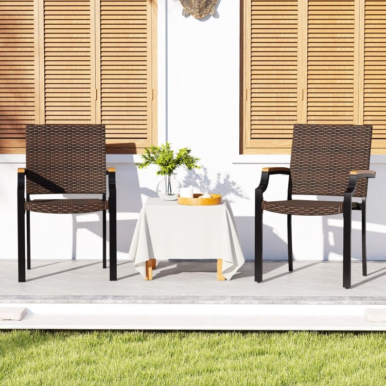Stacking Wicker Chairs Set of 2 Patio Rattan Dining Chairs with Acacia Wood Armrests