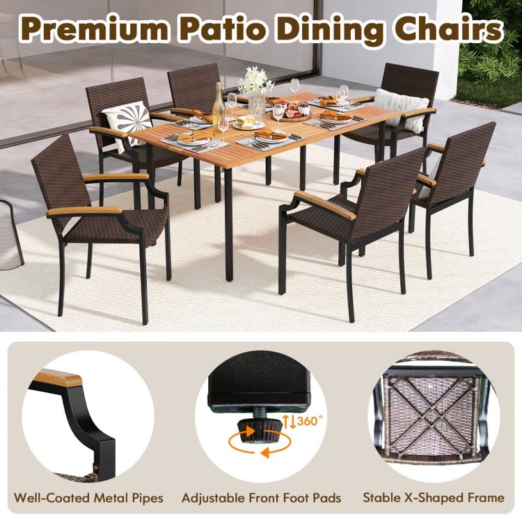 Stacking Wicker Chairs Set of 2 Patio Rattan Dining Chairs with Acacia Wood Armrests