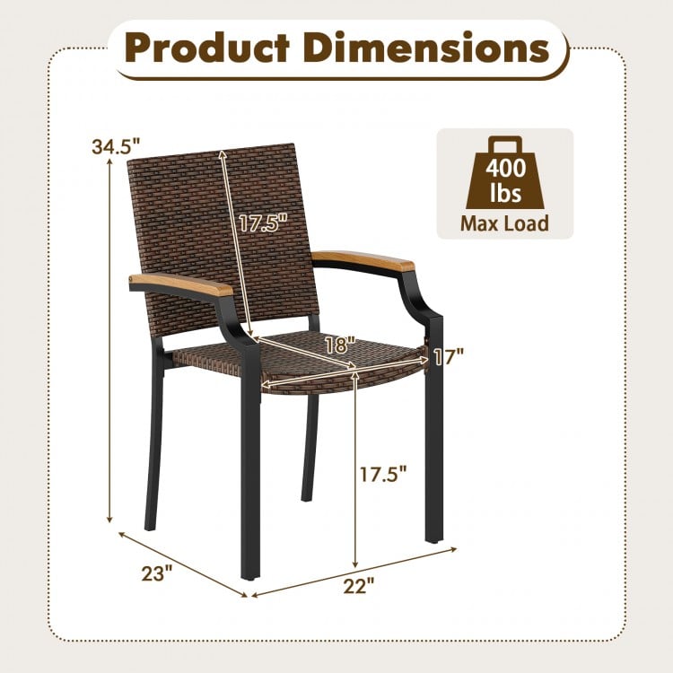 Stacking Wicker Chairs Set of 2 Patio Rattan Dining Chairs with Acacia Wood Armrests