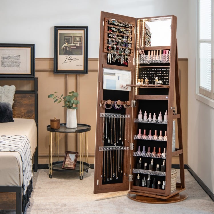 Standing Jewelry Cabinet with Adjustable LED Lights-Brown