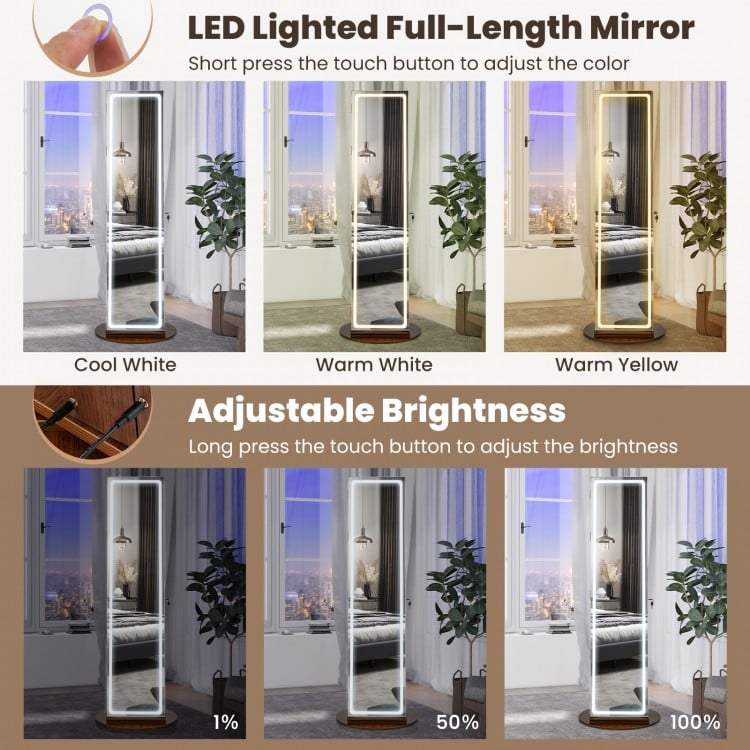 Standing Jewelry Cabinet with Adjustable LED Lights-Brown