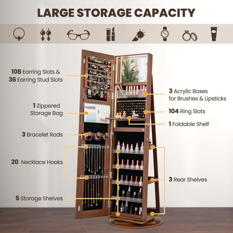 Standing Jewelry Cabinet with Adjustable LED Lights-Brown