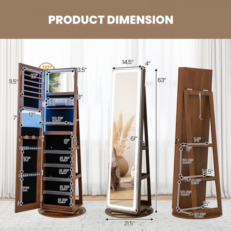 Standing Jewelry Cabinet with Adjustable LED Lights-Brown
