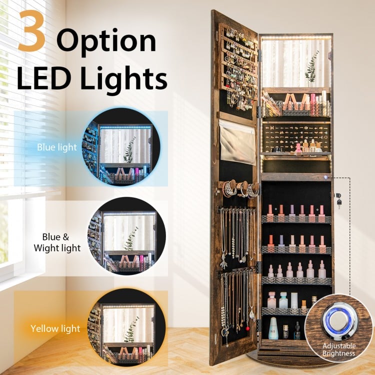 Standing Jewelry Cabinet with Adjustable LED Lights-Coffee
