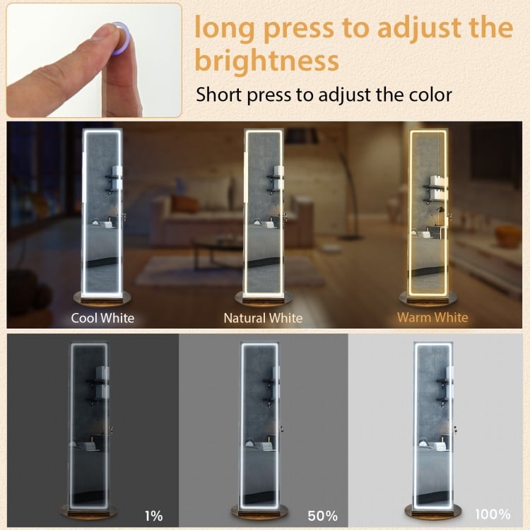 Standing Jewelry Cabinet with Adjustable LED Lights-Coffee
