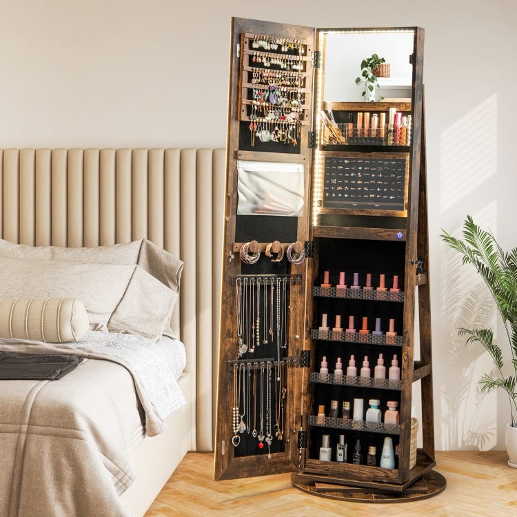 Standing Jewelry Cabinet with Adjustable LED Lights-Coffee