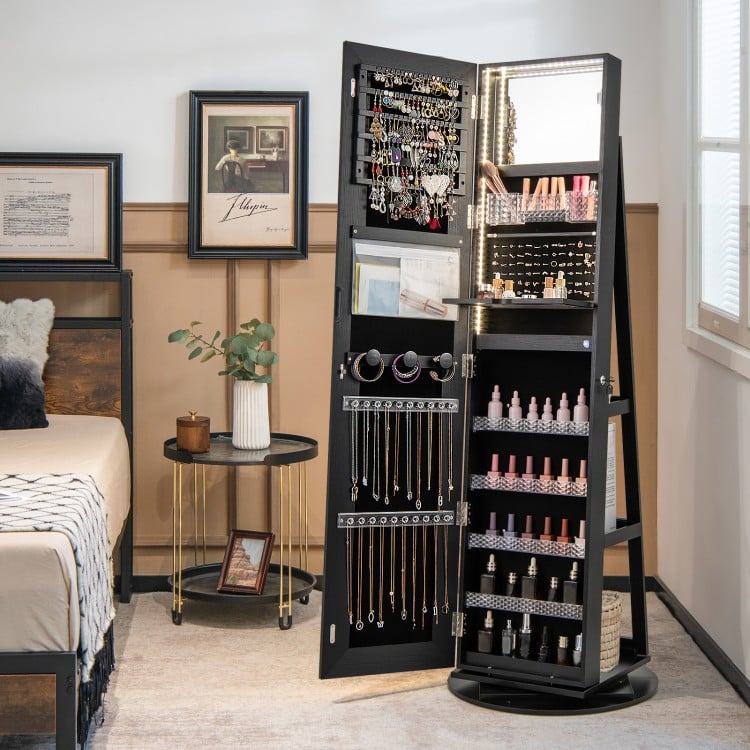 Standing Jewelry Cabinet with Adjustable LED Lights-Black