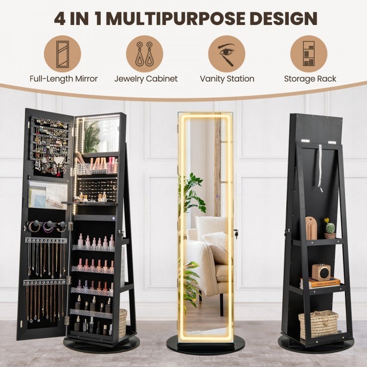 Standing Jewelry Cabinet with Adjustable LED Lights-Black