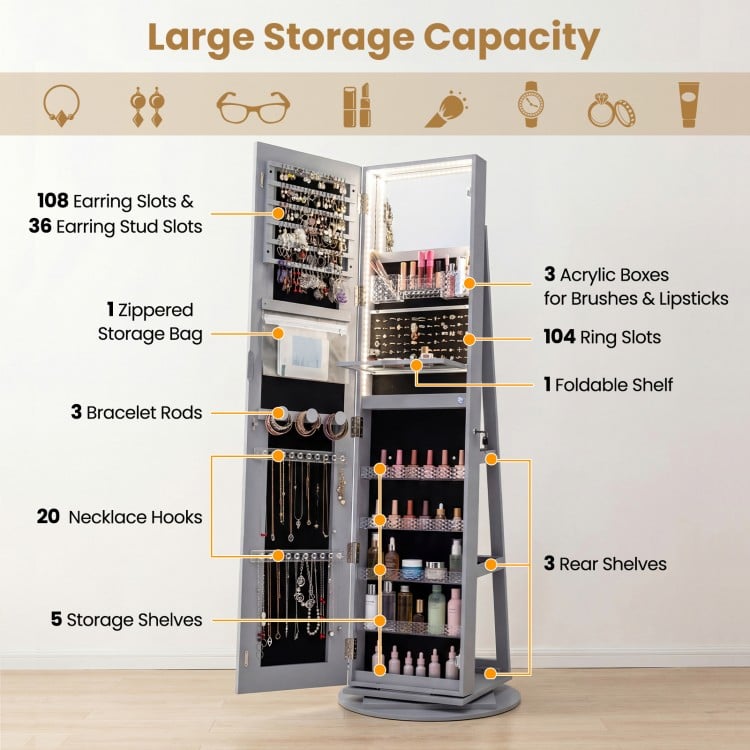 Standing Jewelry Cabinet with Adjustable LED Lights-Gray