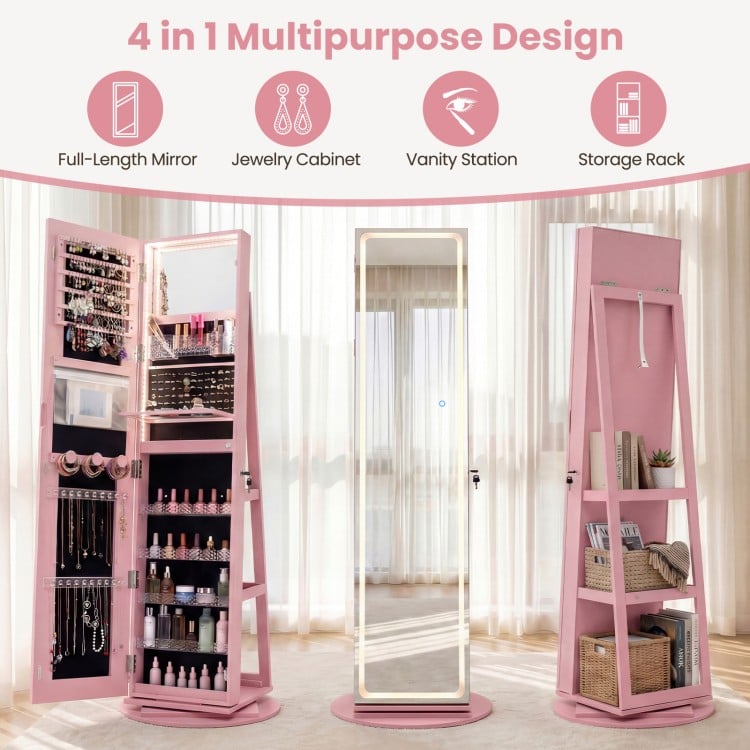 Standing Jewelry Cabinet with Adjustable LED Lights-Pink