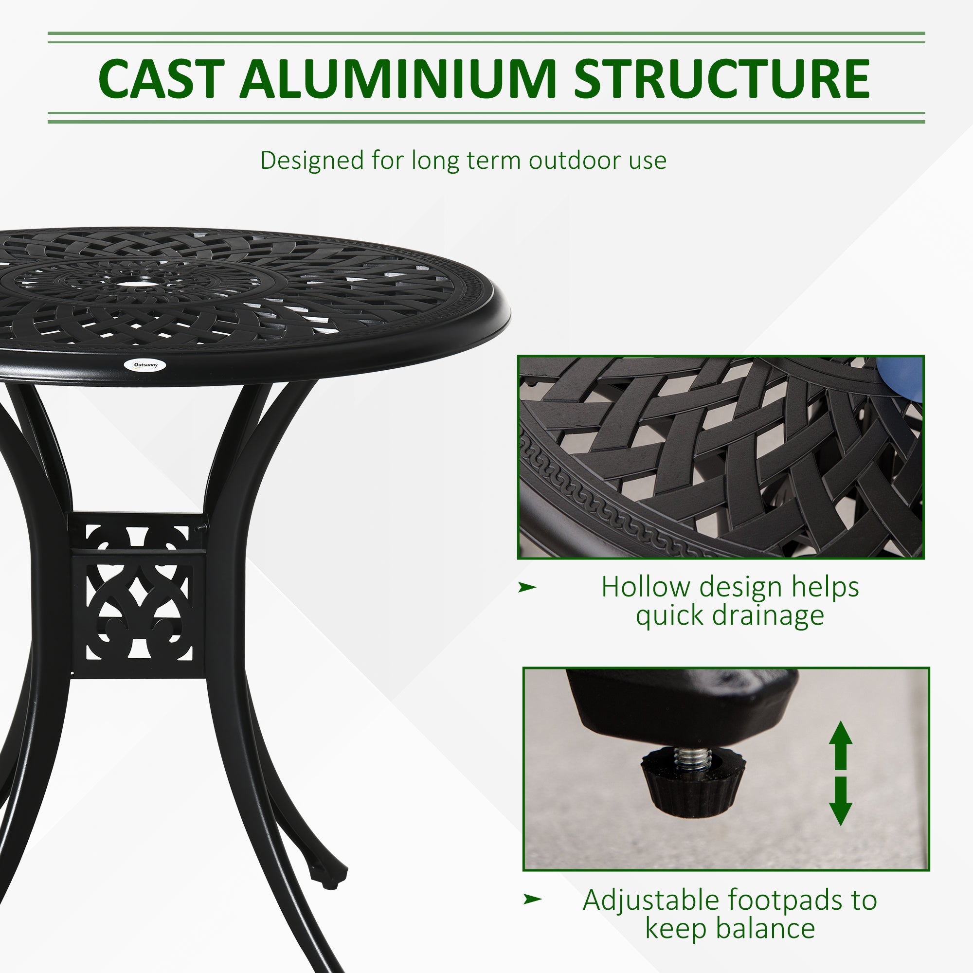 Outsunny 30-inch Round Patio Dining Table with Umbrella Hole Antique Cast Aluminium Outdoor Bistro Table, Black 